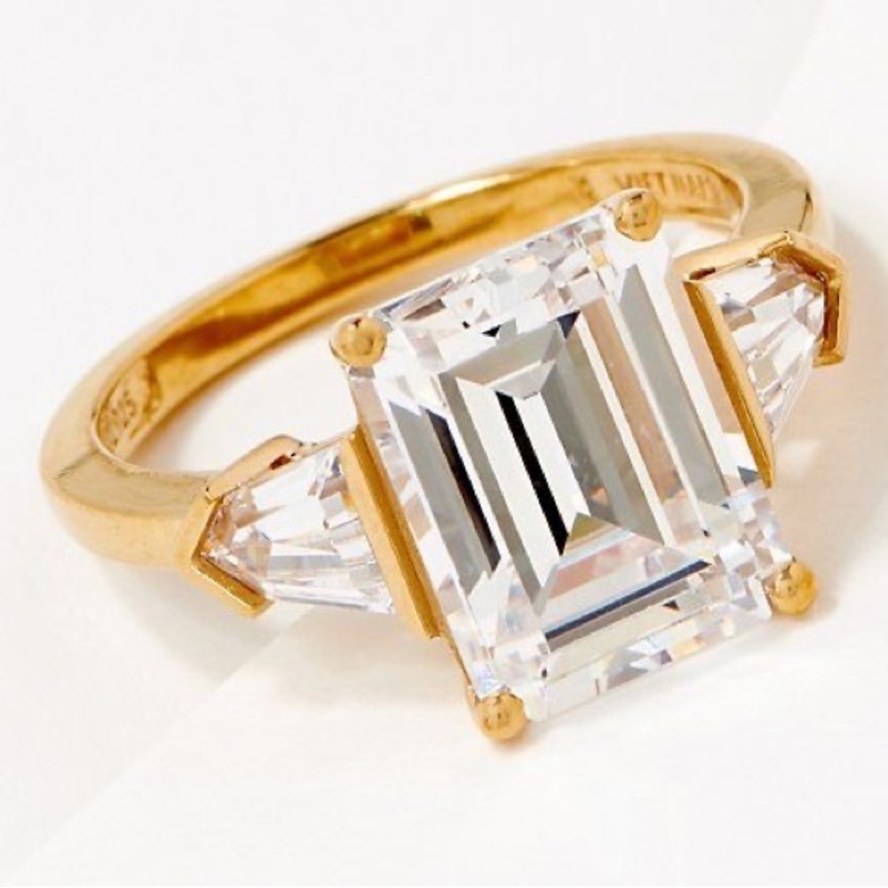 🆕 Diamonique 7 cttw Emerald Cut Three Stone Ring, Sterling